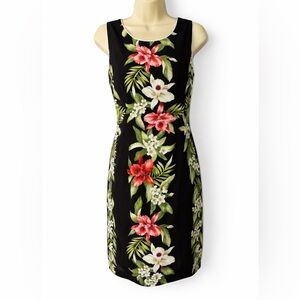Vintage Two Palms Hawaiian Sheath Dress Black Floral Rayon Made in Hawaii Medium